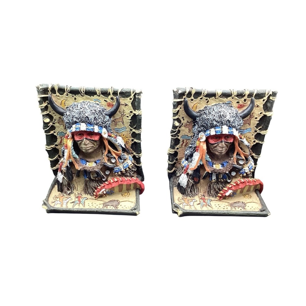 Pair of Native American Warrior Bust Tribal Backdrop Book‎ Ends 7"x 6" Decor